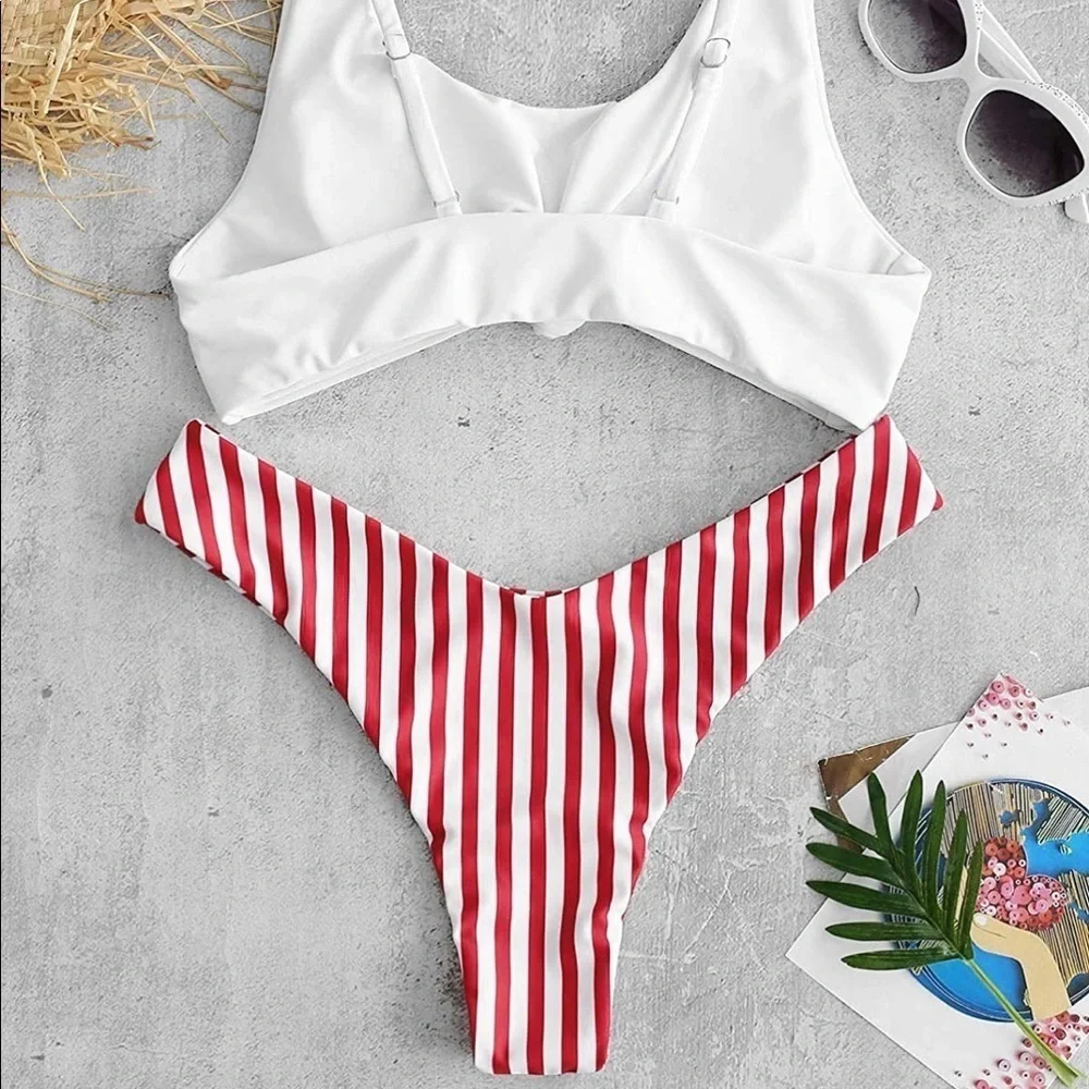Zaful Red & White Striped Knot Front Bikini Set – Size Large (NWT)